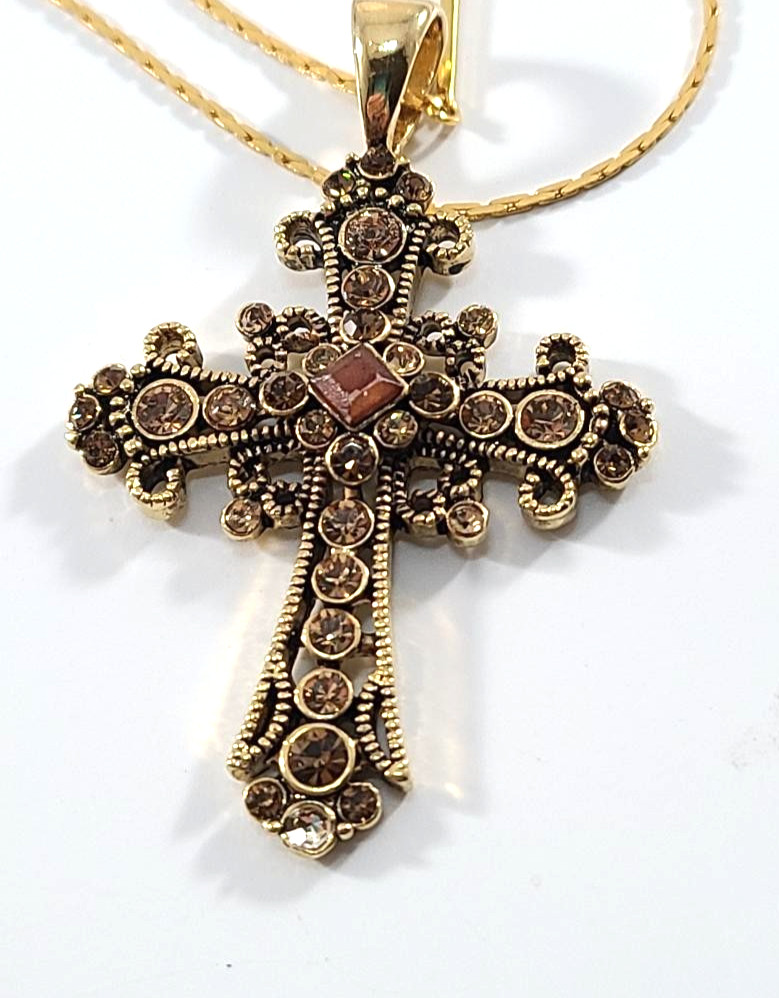 Gold Tone Topaz Color Rhinestone Renaissance Cross Pendant Necklace Free Ship