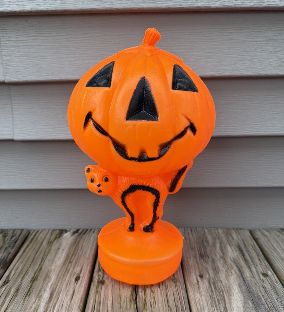 Vintage Jack-O-Lantern On Cat Halloween Blow Mold Decor With Light Tested