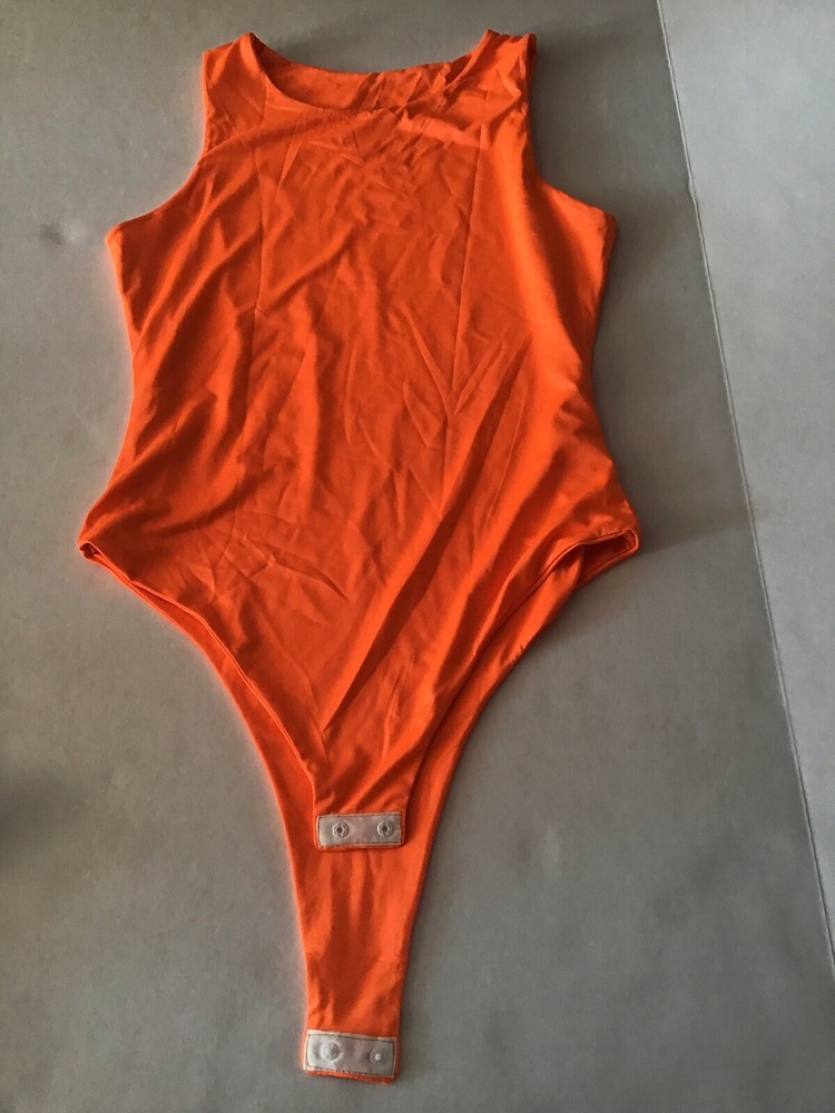 Bodysuit Scoop Neck Solid Tank Stretch Basic Sleeveless Sexy One Piece Orange Sm