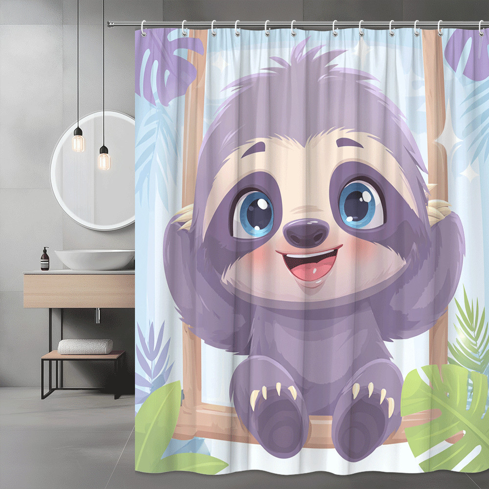 Cute Sloth Shower Curtain Tropical Cartoon Jungle Print