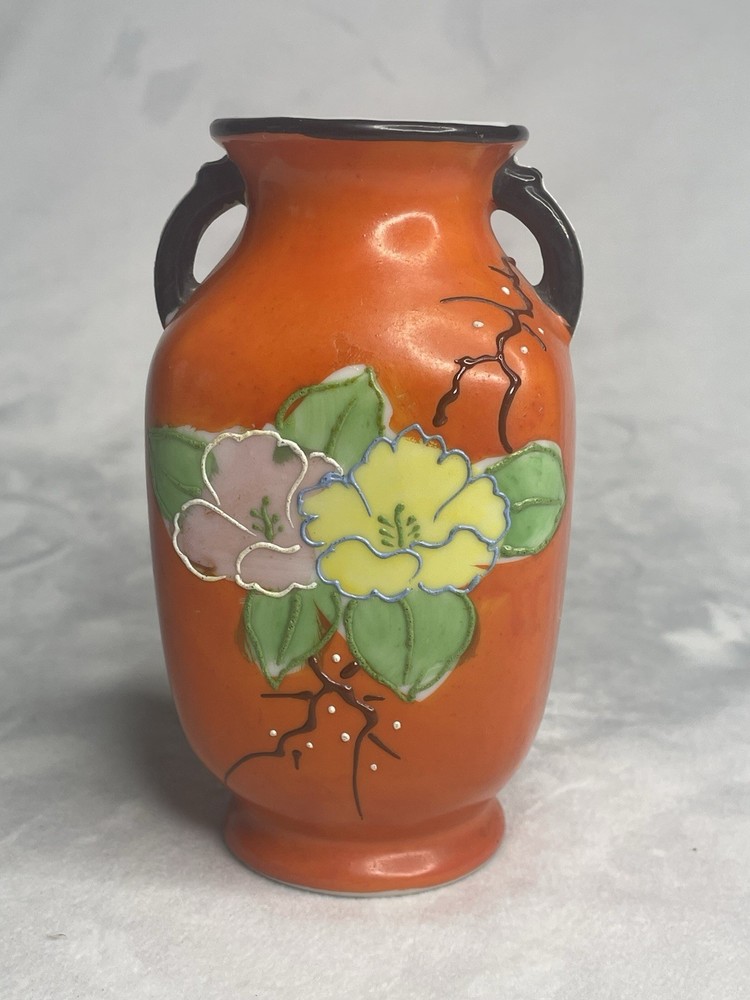Vase Orange Floral Hand Painted Japanese Moriage VTG 5” Made In Japan