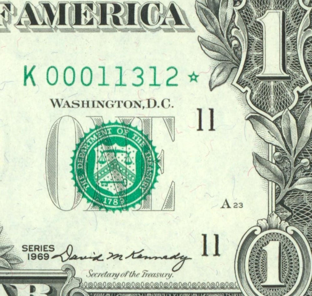 ** STAR - 5 DIGIT ** $1 1969 ((GEM)) FEDERAL RESERVE NOTE (3rd of 3 consec)