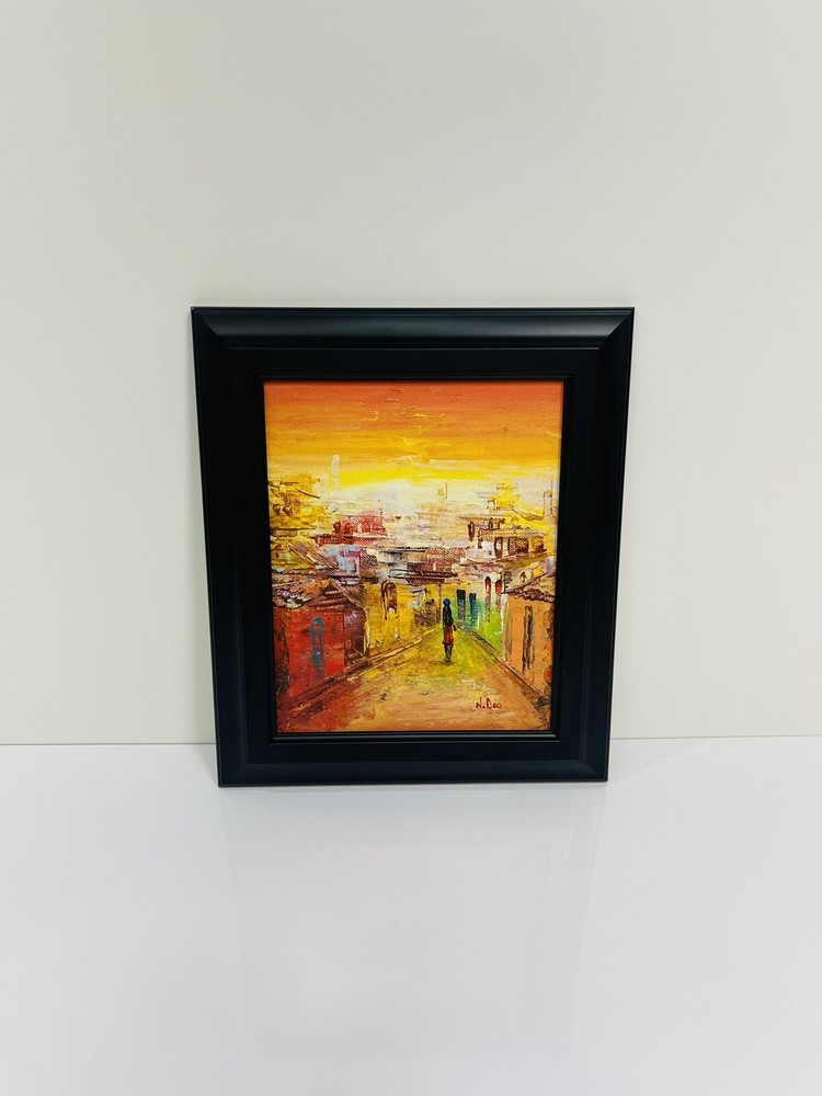 N. Deo - Vintage impressionist oil painting depicting Village City Life 8 x 10