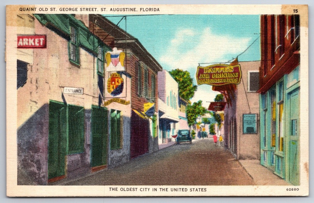 St Augustine Florida~Quaint Old St George Street~Vintage Linen Postcard