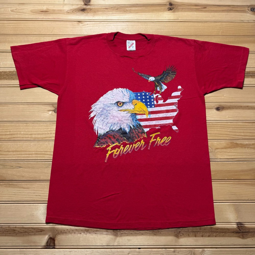 Vintage 90s Forever Free Bald Eagle American Flag Map Graphic T-Shirt USA Medium