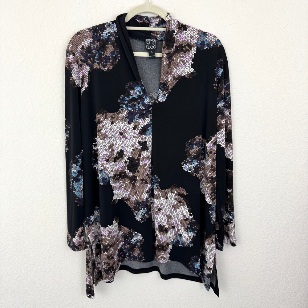 Clara Sunwoo Womens Tunic Top Blouse Size XL Mosaic Print Made USA Black