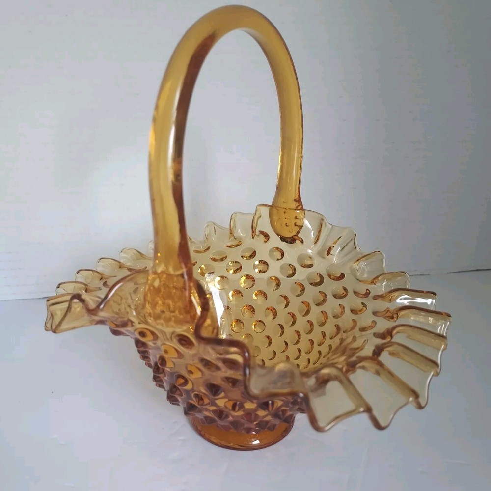 Vintage Fenton Hobnail Scalloped Edge Amber Glass Small Basket Applied Handle
