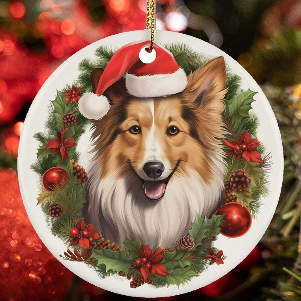 Cute Shetland Sheepdog Dog Flower Wreath Christmas Ornament Gift Tree Decor