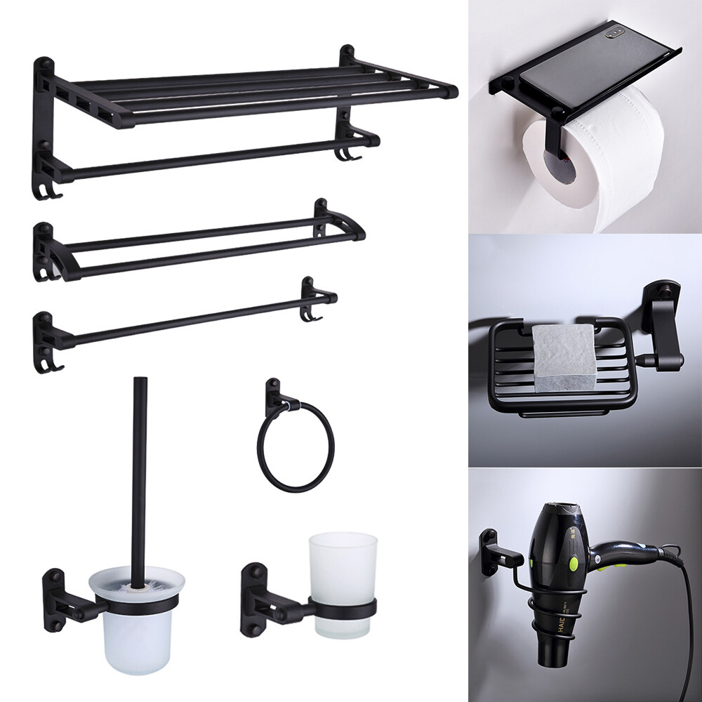 9PCS Wall Mounted Bathroom Hardware Bath Accessory Set Black Aluminum Towel Bar