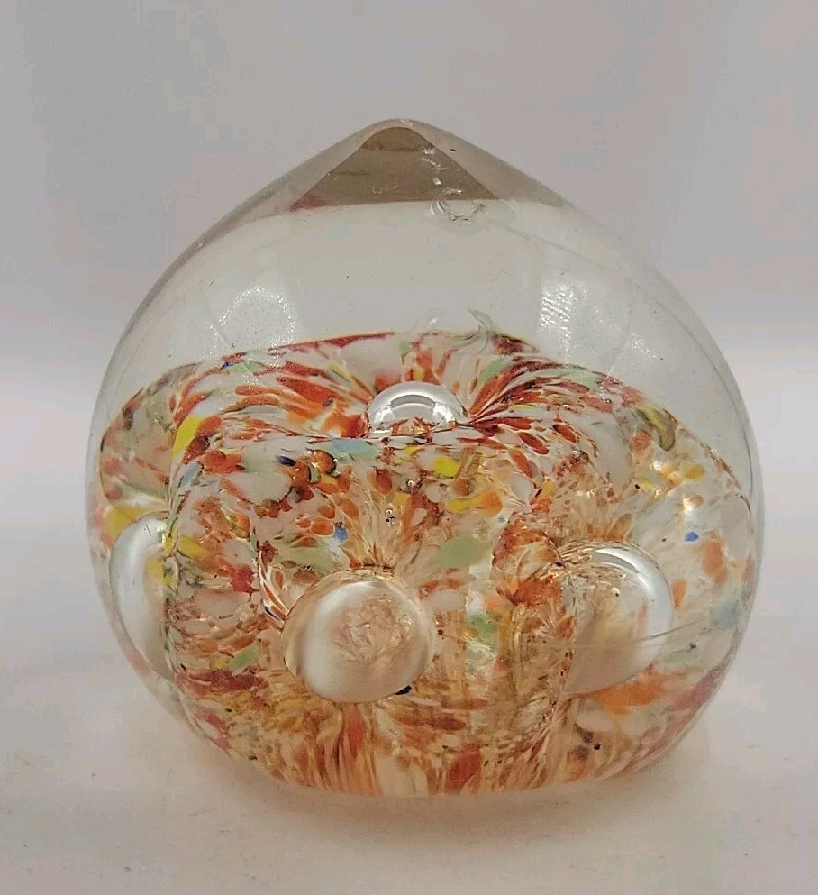 Handblown Art Glass Paperweight with Abstract Design Tube Floral Blue Waves Q2-image