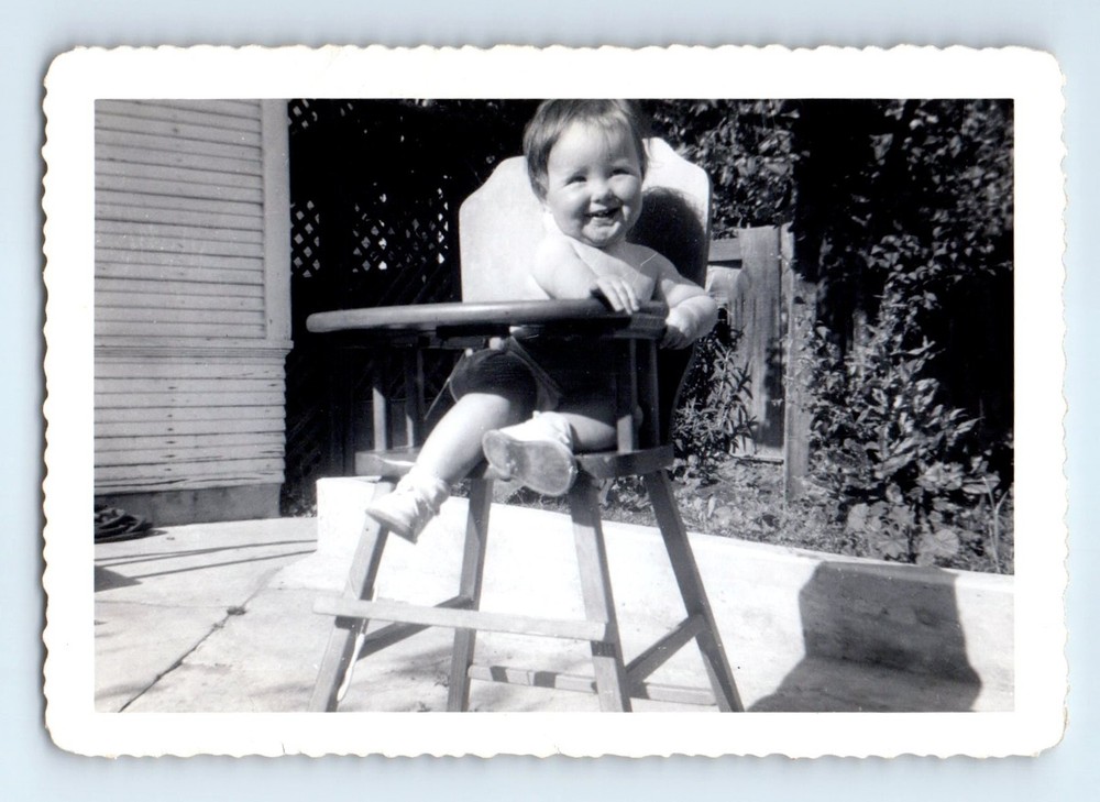 Old Vintage Photo SMILING TODDLER SITTING IN HIGH CHAIR ANTIQUE SNAPSHOT