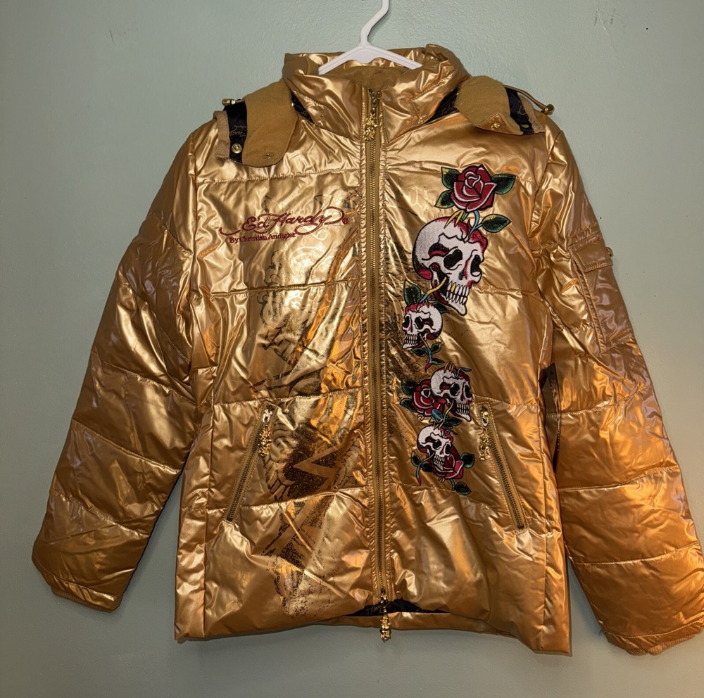 Ed Hardy by Christian Audigier Women's Embroidered Down  Puffer Jacket M NWT