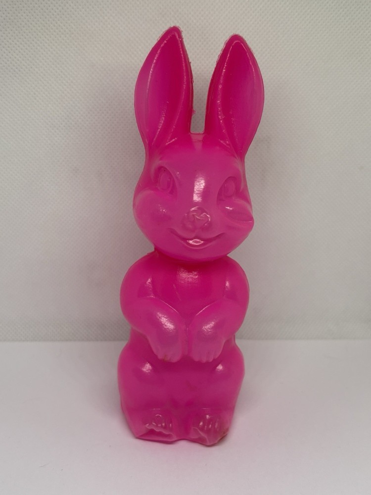 VTG Bunny Rabbit Candy Container Blow Mold Neon Pink Soft Plastic Easter 6 1/4