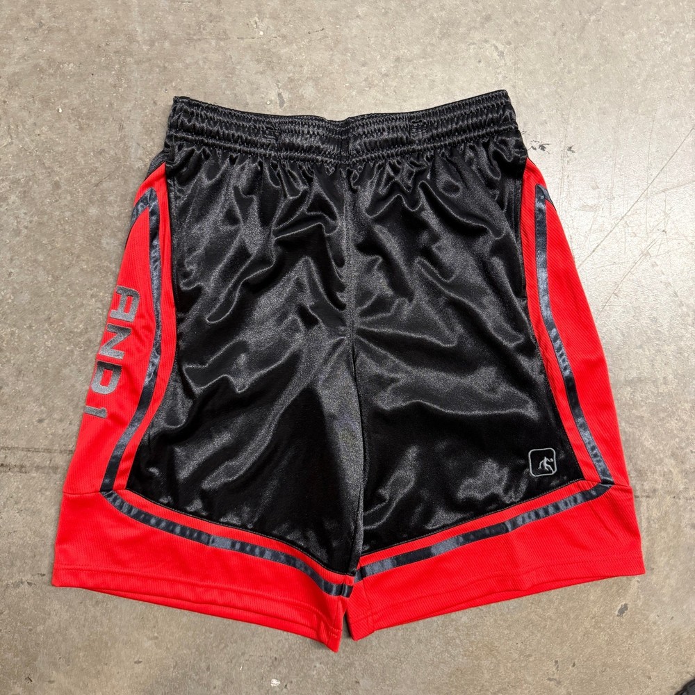 AND1 Mens Basketball Shorts Black Red Dazzle Shiny Athletic Gym Inseam 9in L