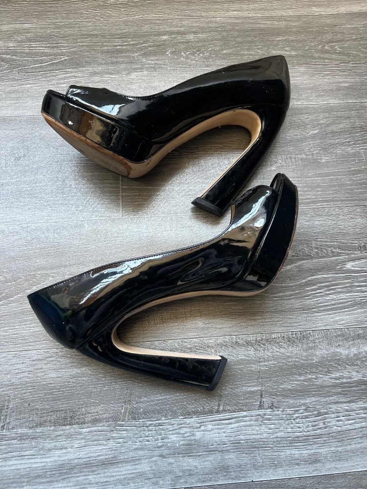 Miu Miu Black Patent Leather Curved Heel Open Toe Vernice Platform Pumps Size 38