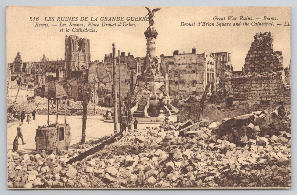 WWI Reims France Ruins Postcard Drouet d'Erlon Square Cathedral Great War LL