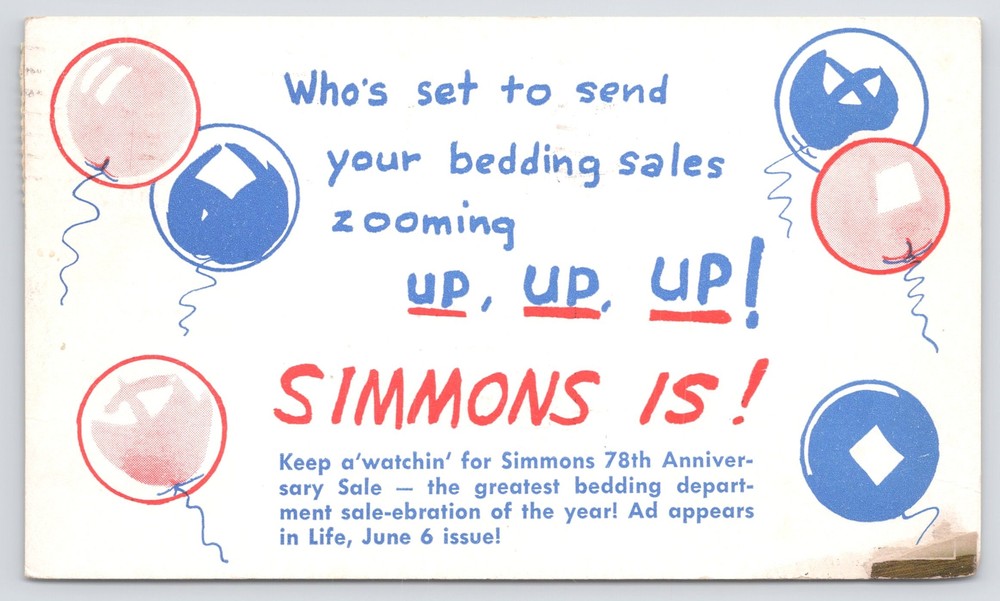 Advertising~Simmons Bedding Department~Send Your Sales Zooming Up~Balloons~1949