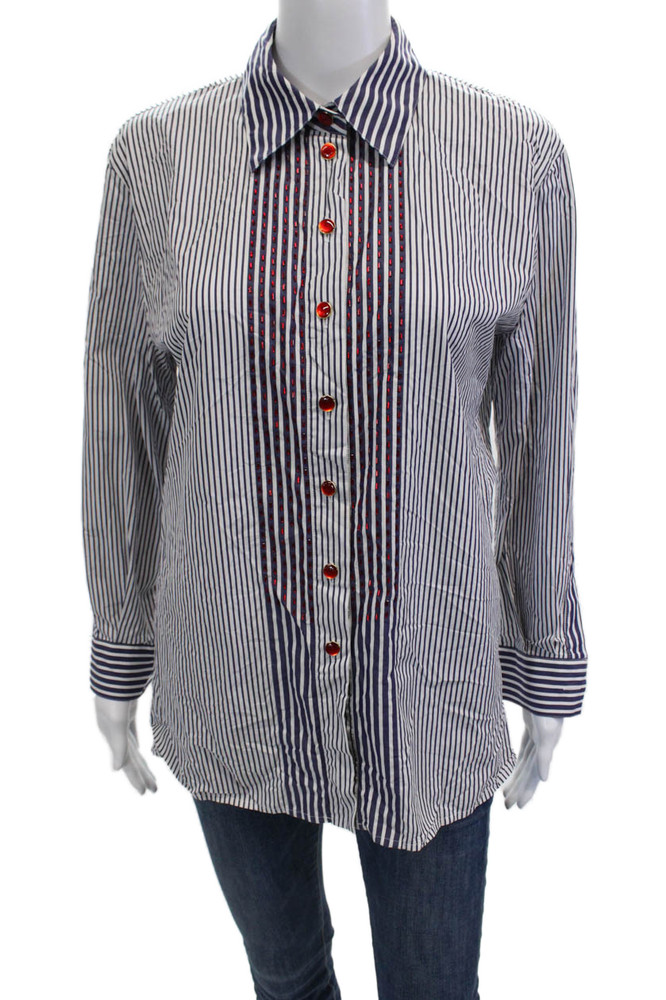 Escada Women Blue Striped Collared Button-Up Long Sleeve Top Size MFree Shipping in US $100+ Orders | $6.95 Orders Below