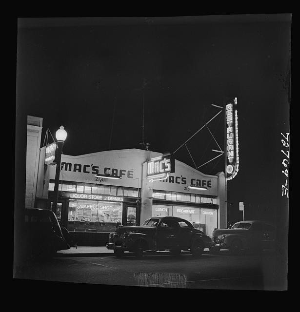 Photo:Mac's Cafe Neon Night Street Scene 1930s Cars Restaurant