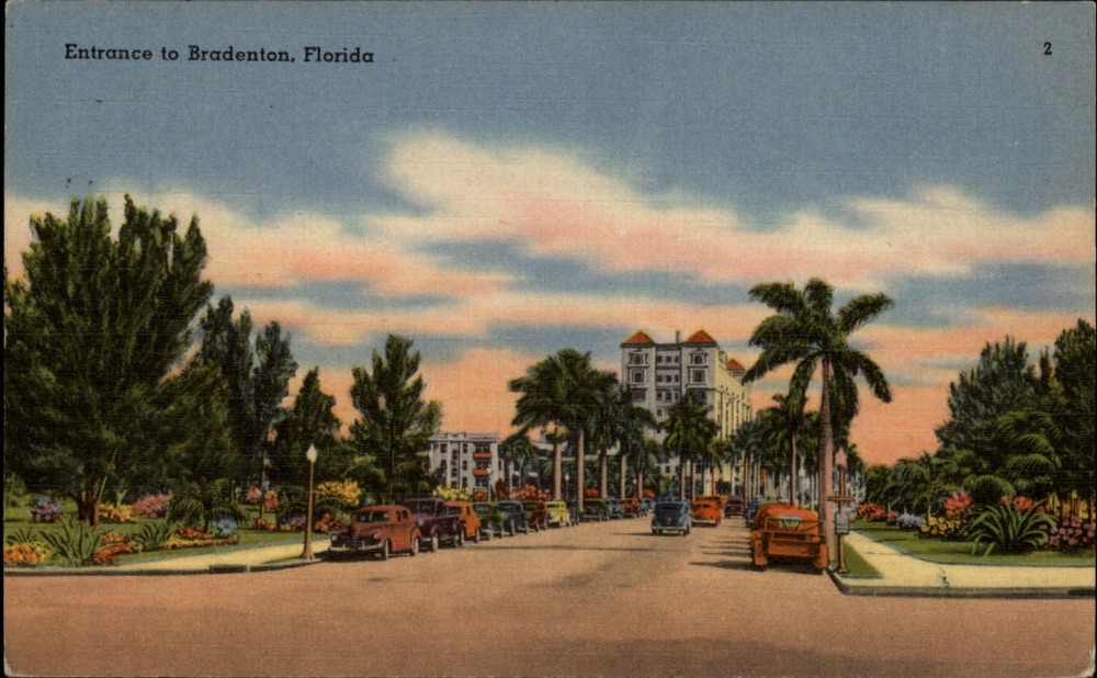 Entrance Bradenton Florida ~ 1950s cars ~ linen postcard postmark Oneco FLA