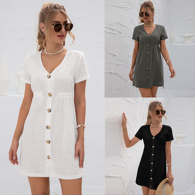 Women's Dress Summer Solid Color Versatile V-neck High Waist Breasted Dress