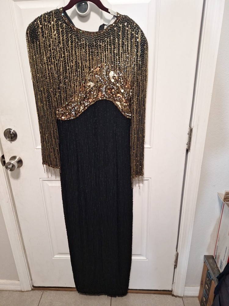Oleg Cassini Black Tie Beaded Long Dress Evening Formal Party Wear Black sz8