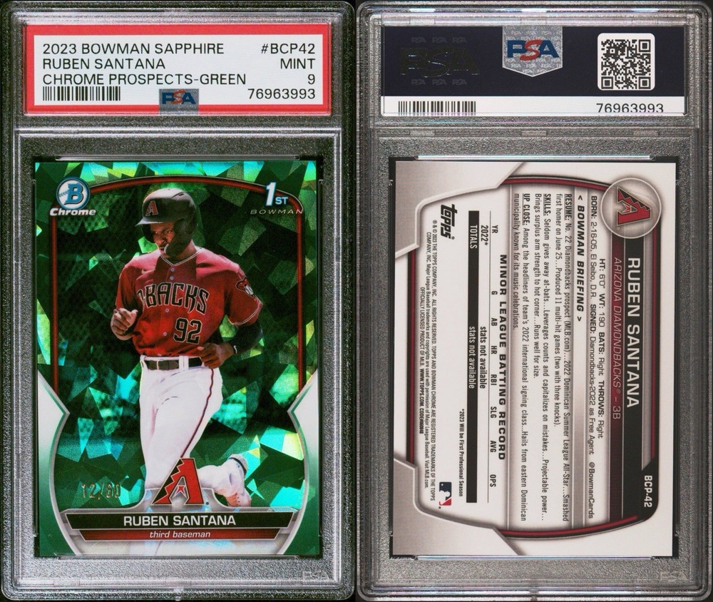 2023 Bowman Chrome Sapphire Green Ruben Santana BCP-42 PSA 9 /60