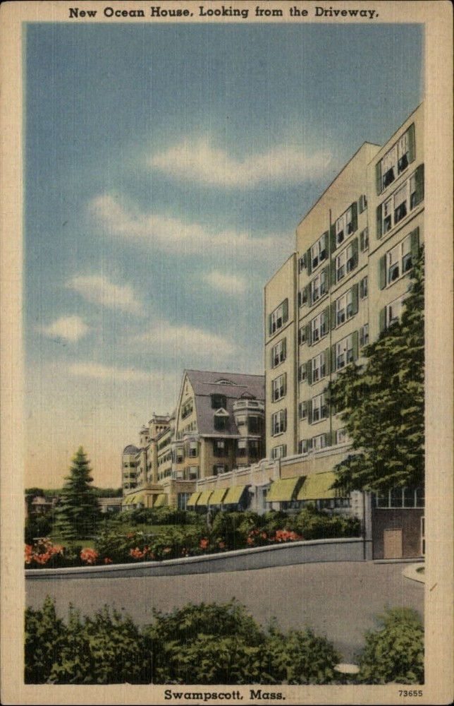 New Ocean House from driveway ~ Swampscott Massachusetts ~ 1945 linen postcard