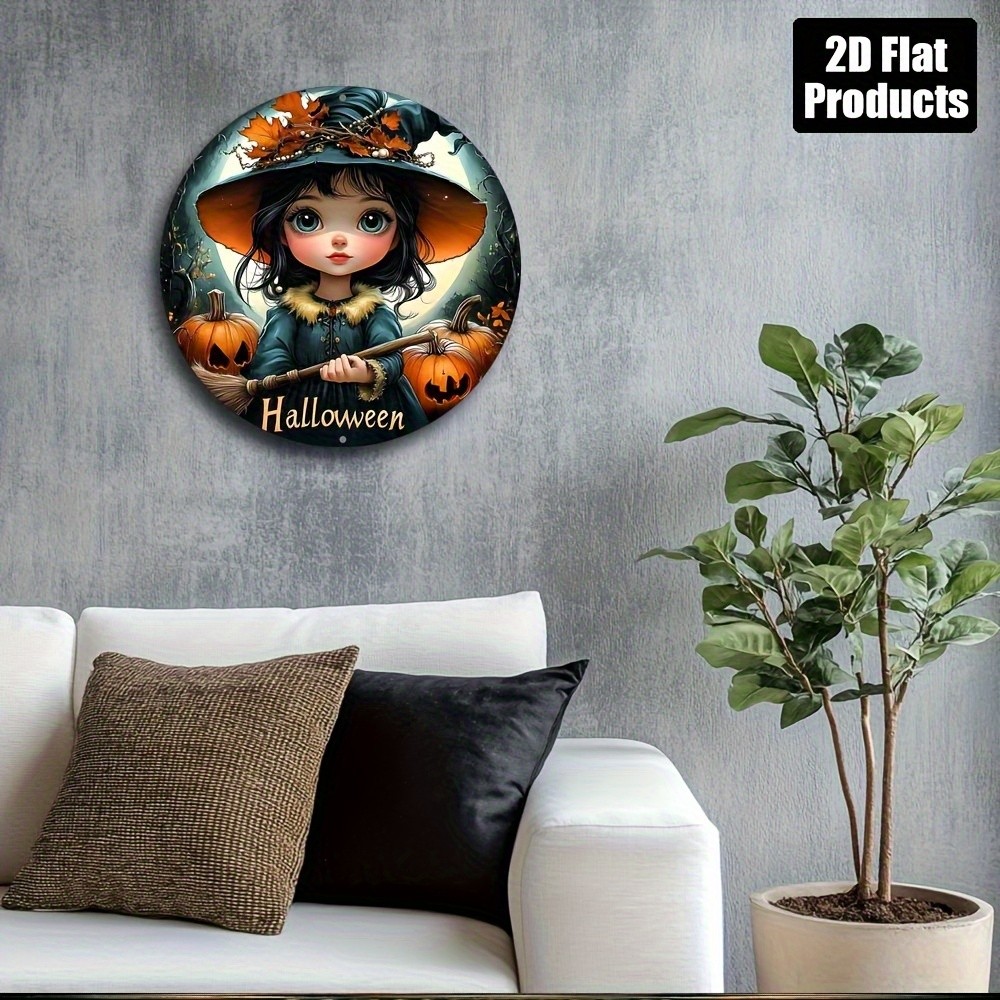 Vintage Halloween Witch Pumpkin Round Aluminum Wall Decor Sign