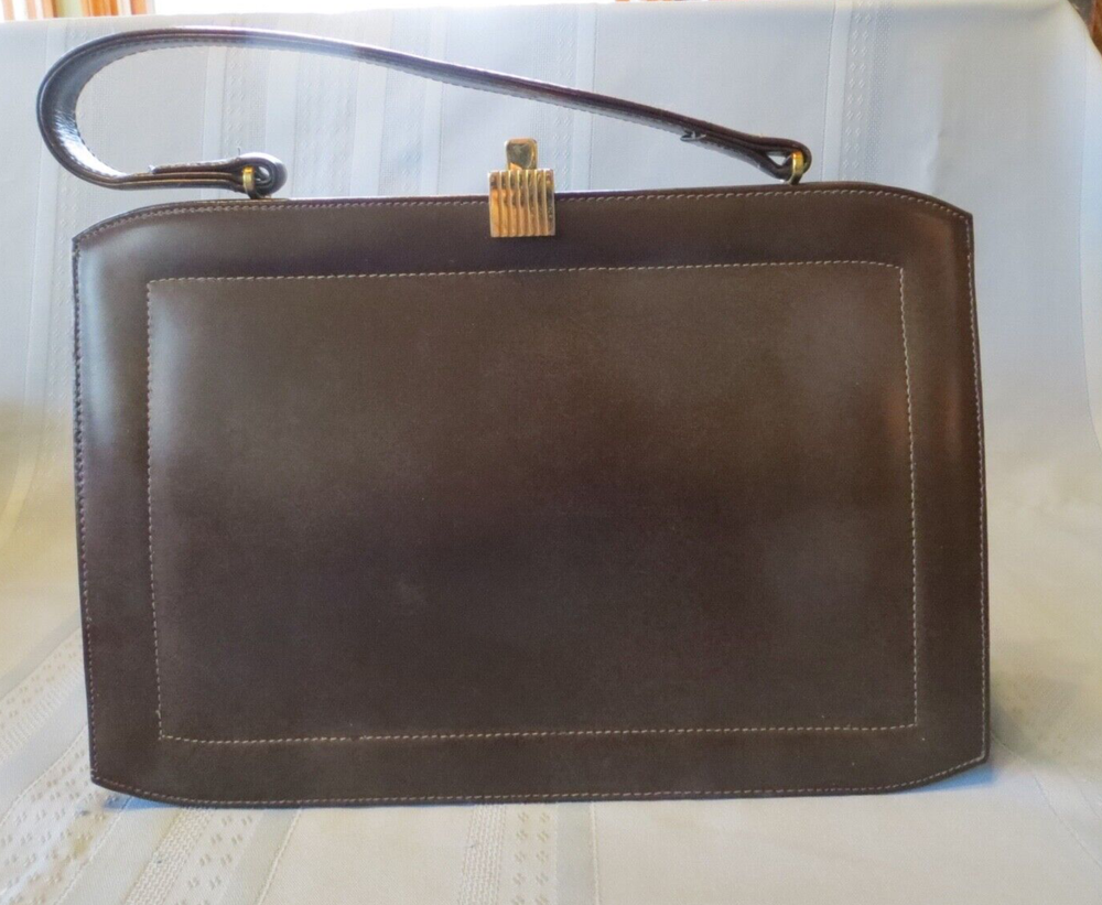 Vintage Dofan Dark Brown Leather Framed Handbag Purse  Made in France