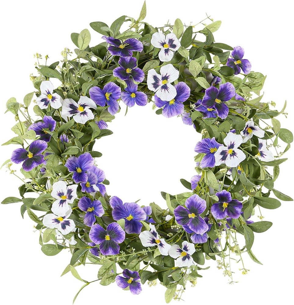 18-Inch Spring Summer Wreath with Purple Pansy Flowers and Green Foliage for Front Door