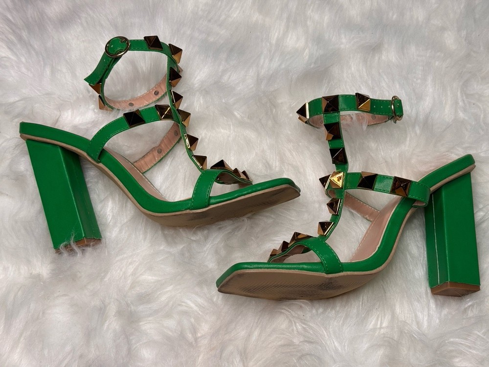 Green Studded Spiky Women's High Heel Strappy Sandals  