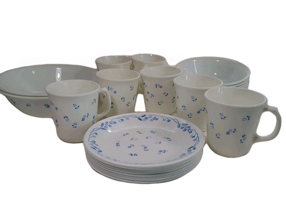 Corelle 23 Blue flower Dishes 8 Small Plates 7 Mugs 6 Bowls 2 Big Bowls