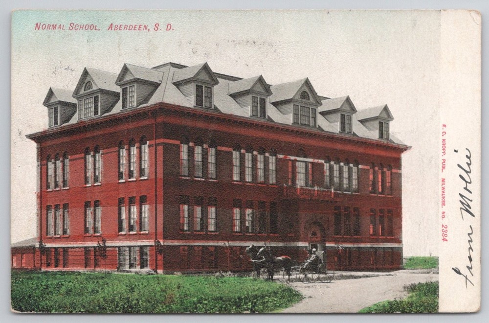 1906 Aberdeen SD Normal School Postcard - E.C. Kropp, Horse & Buggy