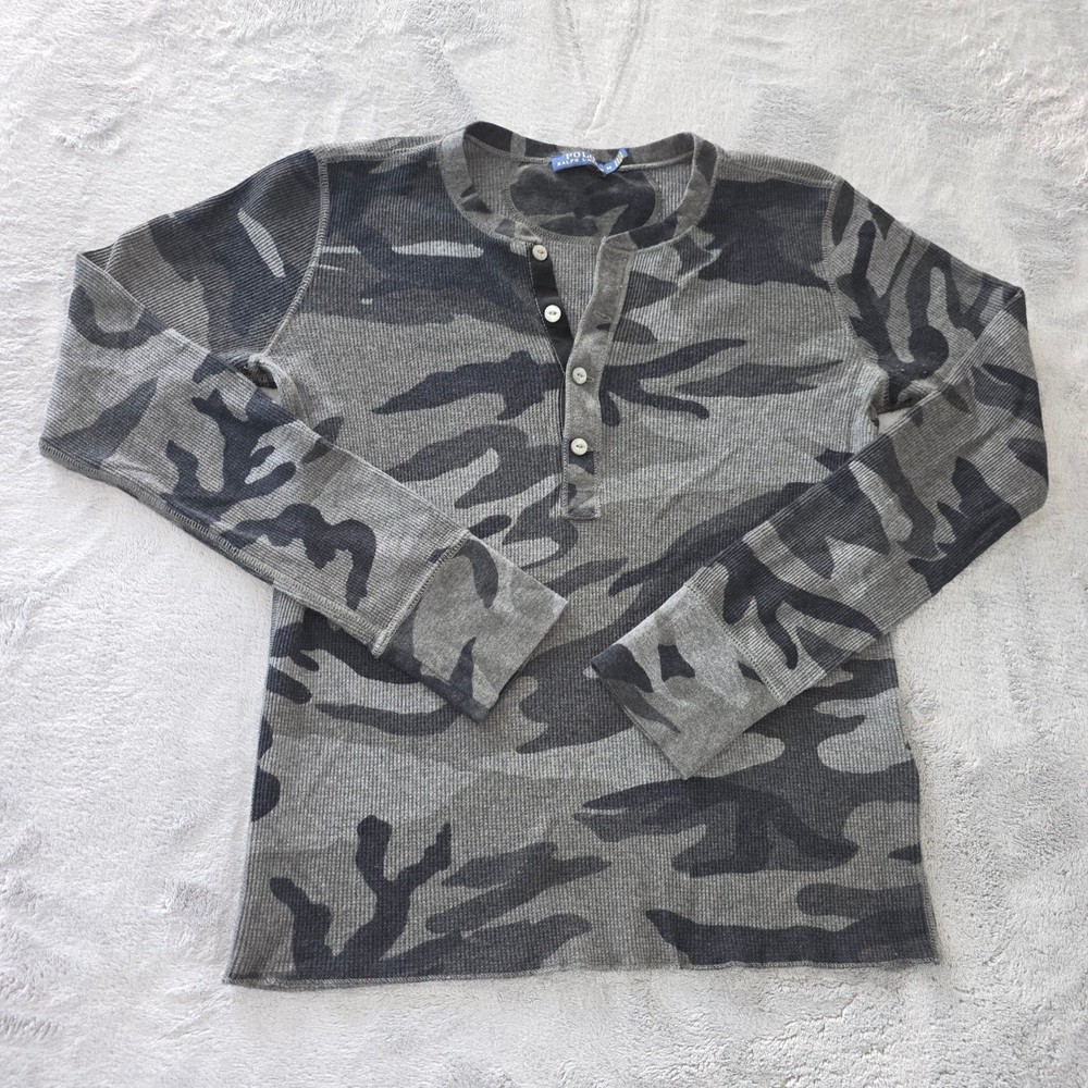 Polo Ralph Lauren Mens Grey Camo Waffle Knit Thermal Henley Shirt Medium