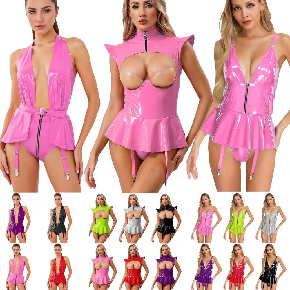 Women's Glossy Patent Leather Leotard Dress with Garters Belt Teddies Clubwear