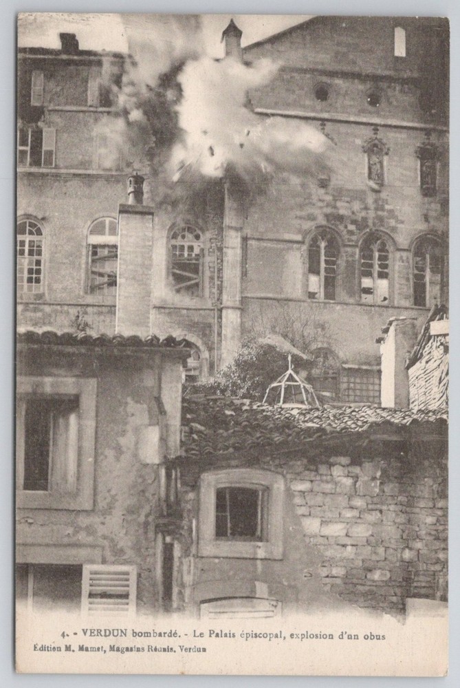 WWI Verdun Bombing Postcard - Episcopal Palace Shell Explosion France 1910s