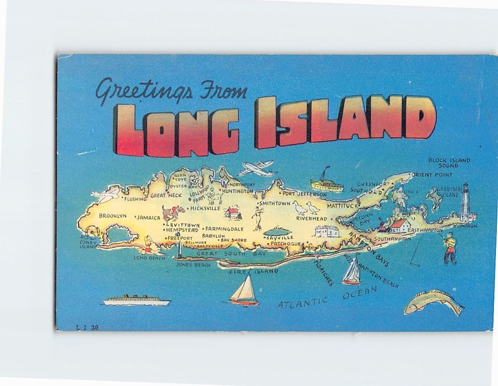Postcard Map & Attractions Greetings from Long Island NY