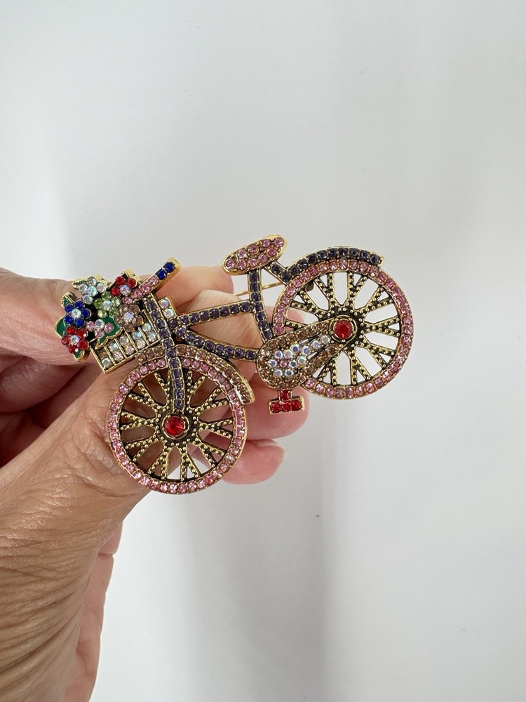 Vintage Pink Bicycle Brooch Pin Rhinestone Flower Spring Summer Jewelry Gift