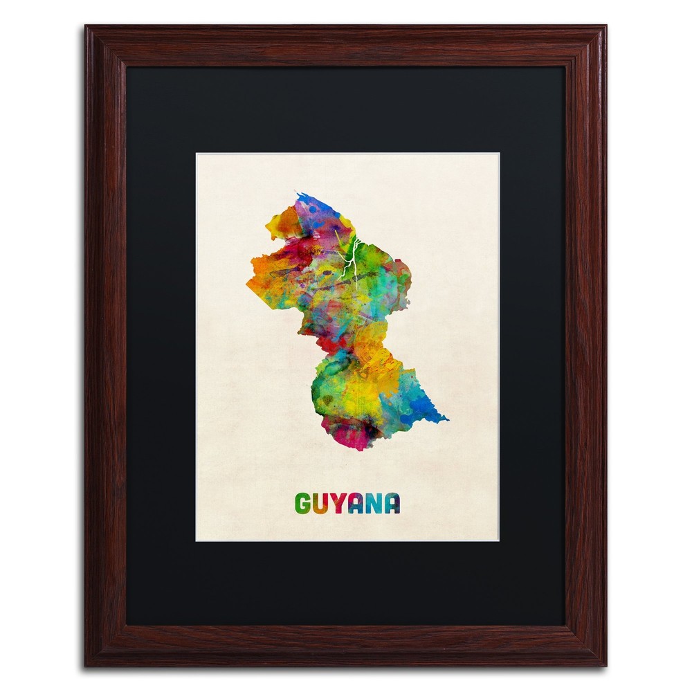 Guyana Watercolor Map by Michael Tompsett 16x20 Black Wood Frame