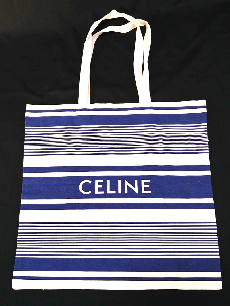 CELINE Blue white Stripes Canvas Cotton Tote Bag Eco bag Novelty gift  Size:L