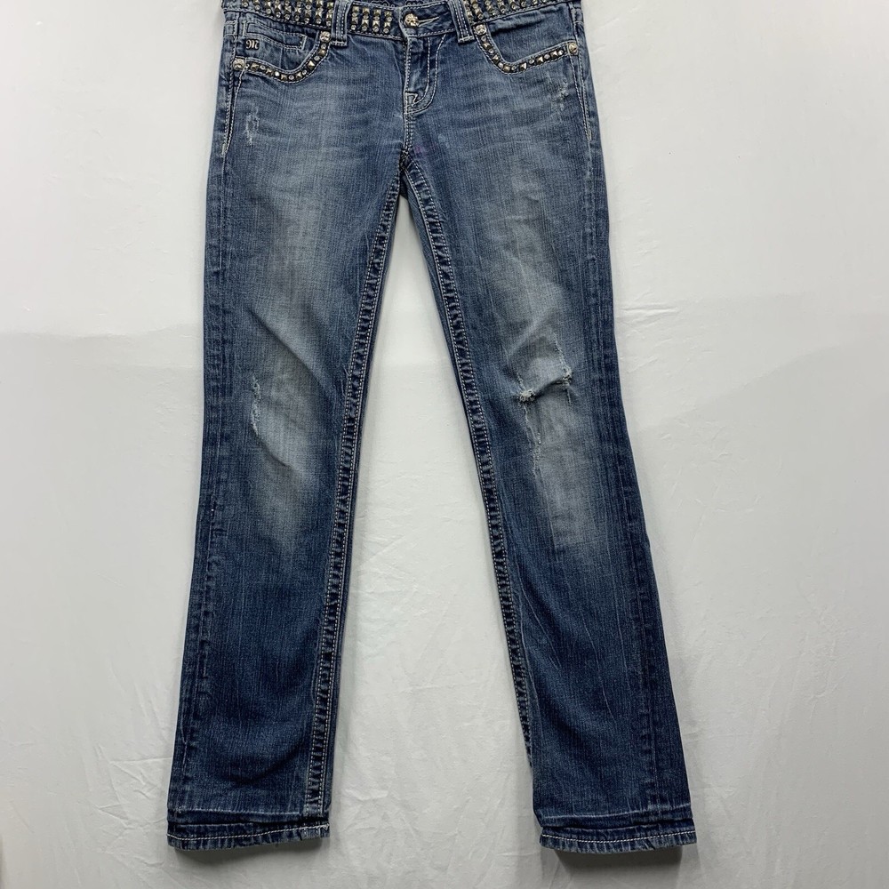 MISS ME Womens Blue Denim Studded Rhinestone Waist Jeans Size 28