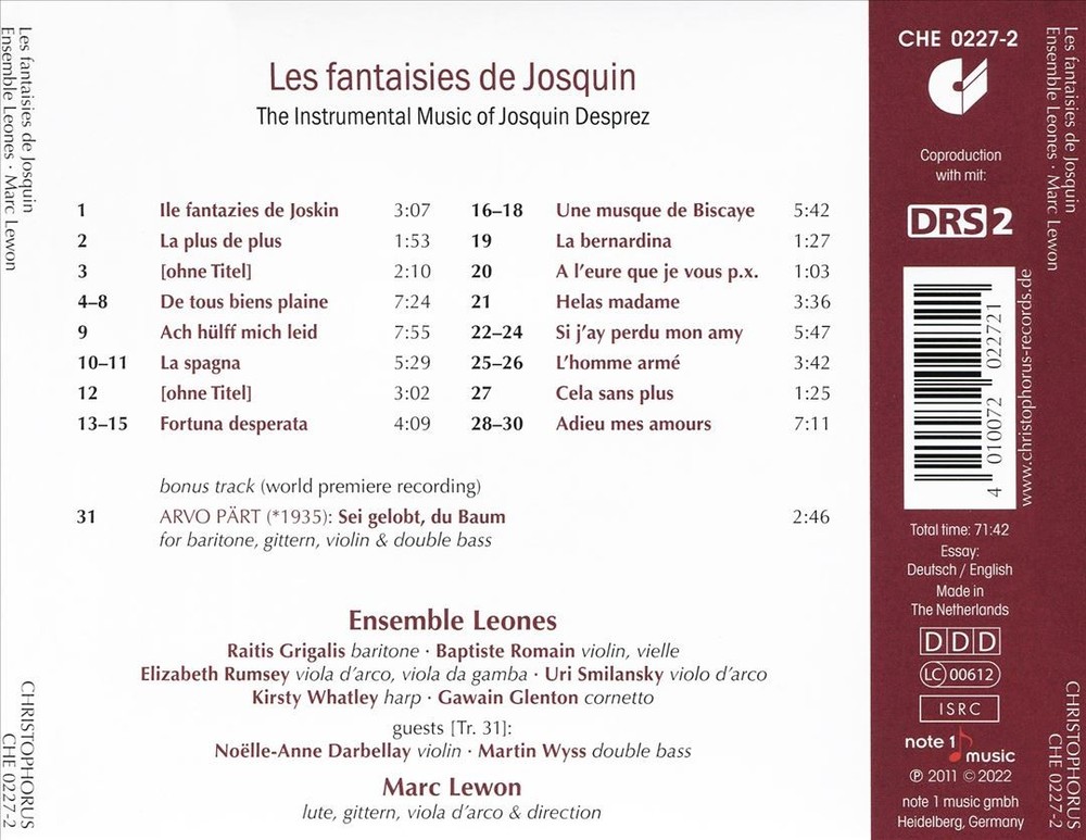 Ensemble Leones/Marc Lewon Les Fantasies De Josquin: The Instrumental Music Of J