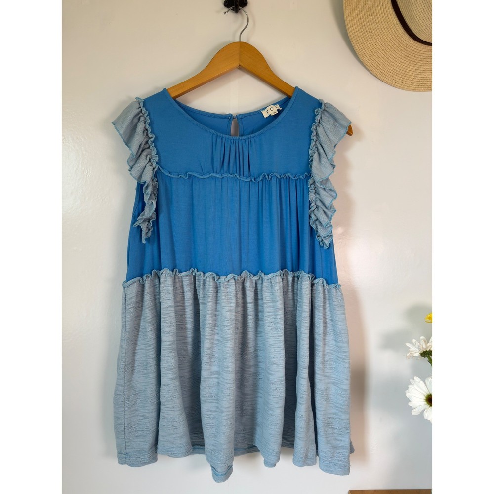 POL Ruffle Sleeve Tiered Tunic Top Blue Mixed Fabric Babydoll Boho