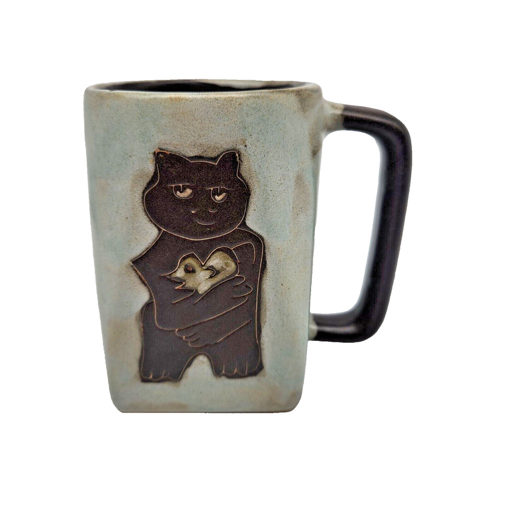 Mara Mexico Stoneware Studio Pottery Mug Cat Mouse Bird Signed Coffee Tea 4.5” H