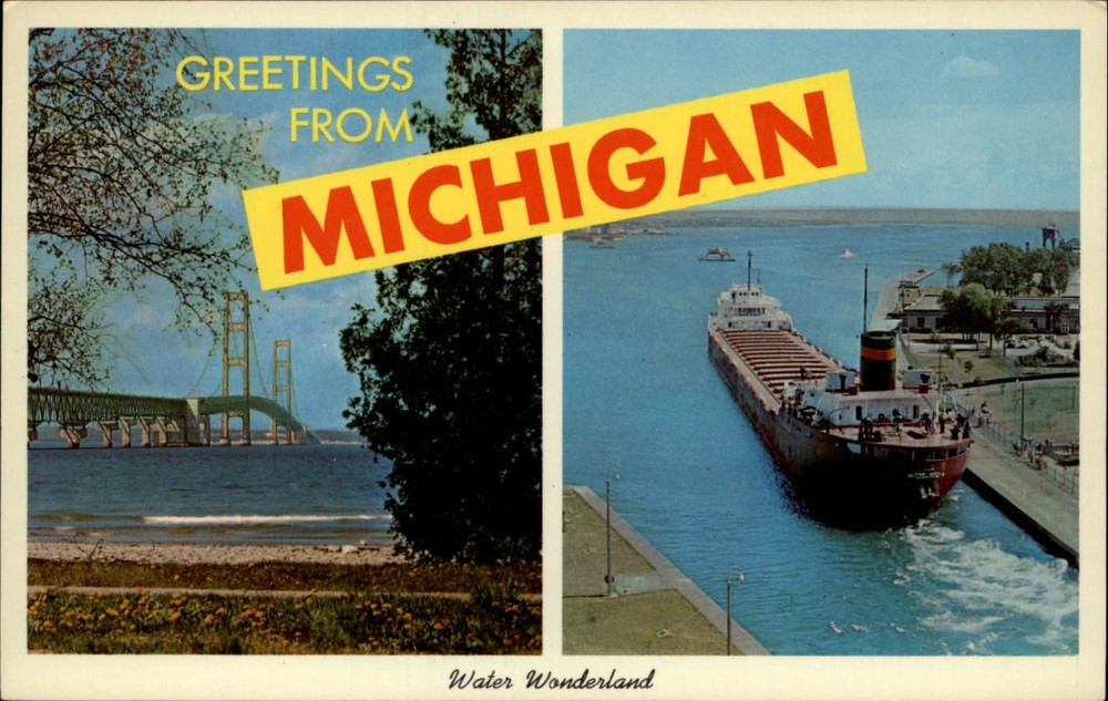 Greetings from Michigan two views water wonderland ~ 1950-60s vintage postcard