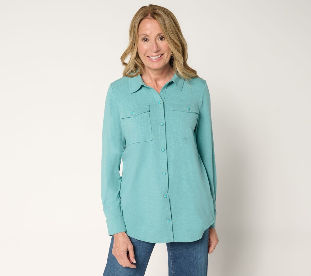 SUNNYLiFE Women's Top Sz M Slub Knit Cabochon Snap Front Shirt Blue A703678