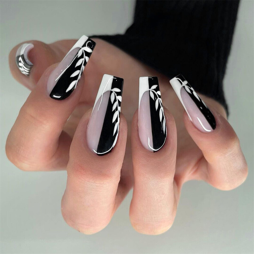 White Leafs French False Nail Long Coffin Press on Nails for Nail Art 24pcs