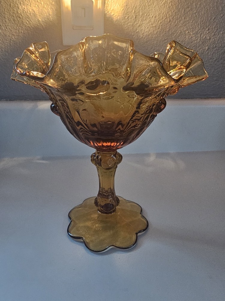 Vintage Fenton Amber Cabbage Rose Ruffled Glass Compote Pedestal Dish 6.25 Inch