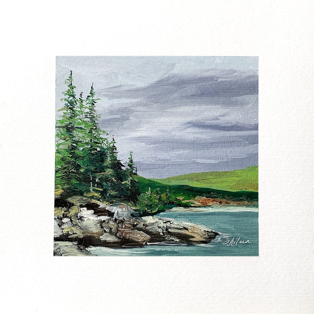 8x8 Maine Original Oil Painting Acadia National Park Landscape Pines Rock Signed-image